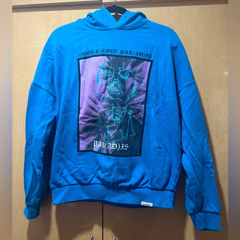 ELEVEN PARIS BLUE SMALL TROPICAL PALM TREE HOODIE PULLOVER SWEATER